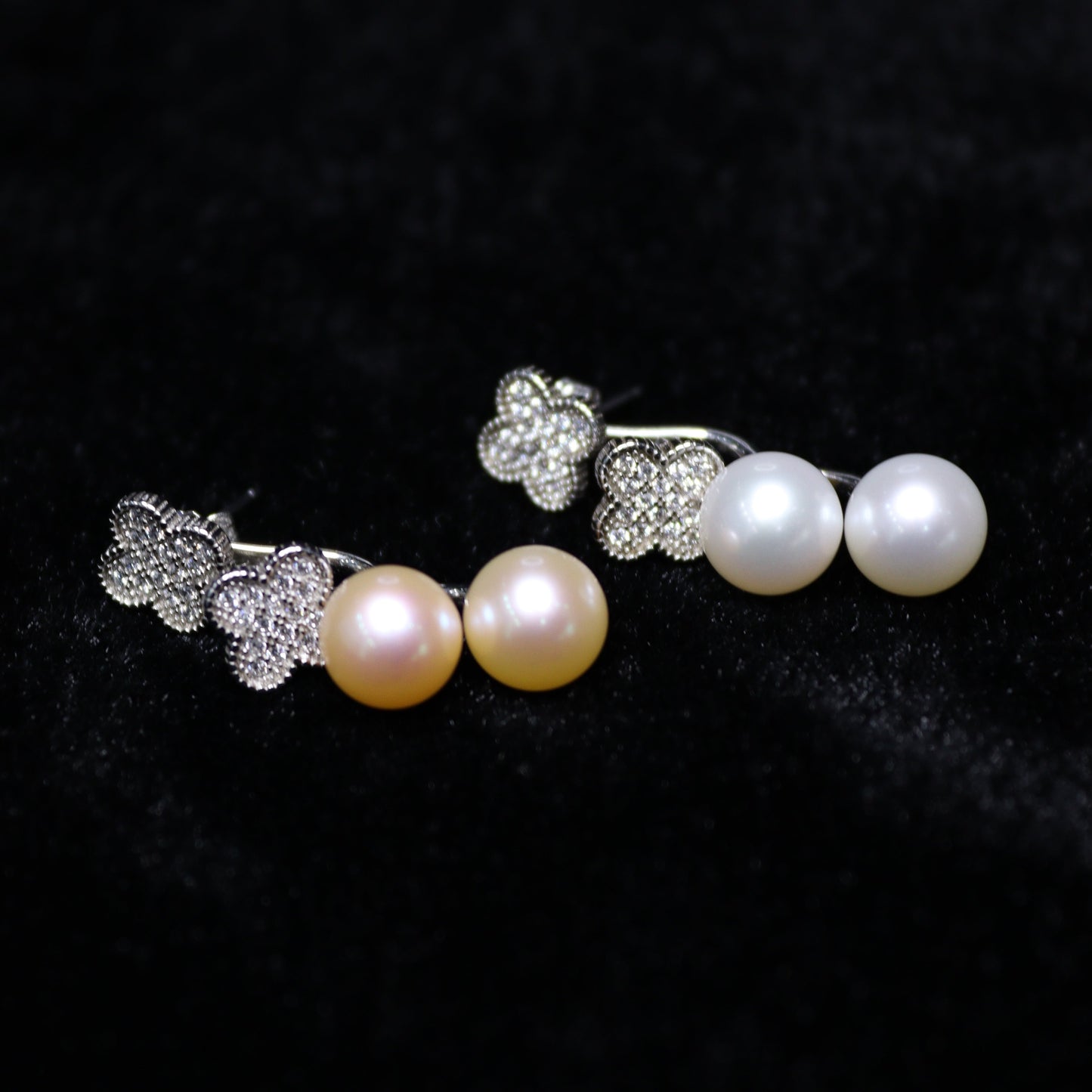 8MM Clover Zircon Round Freshwater Pearl Earring Studs - XIGEMS