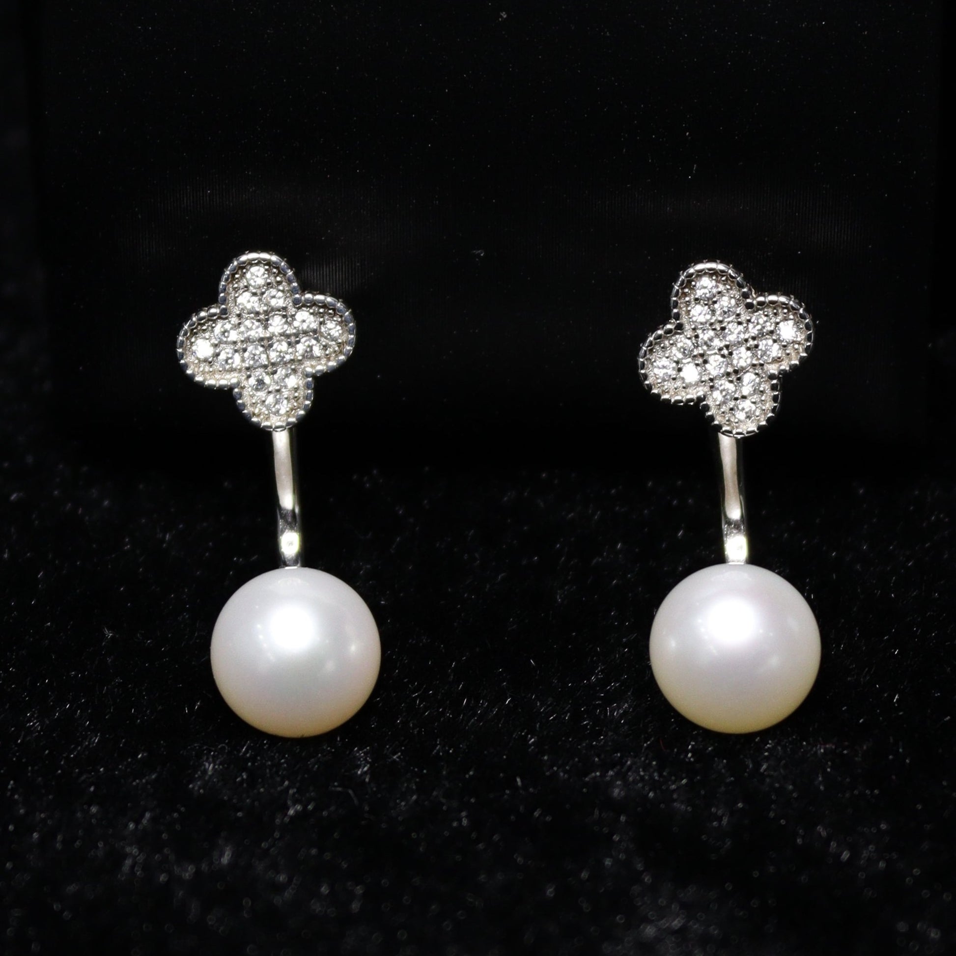 8MM Clover Zircon Round Freshwater Pearl Earring Studs - XIGEMS 